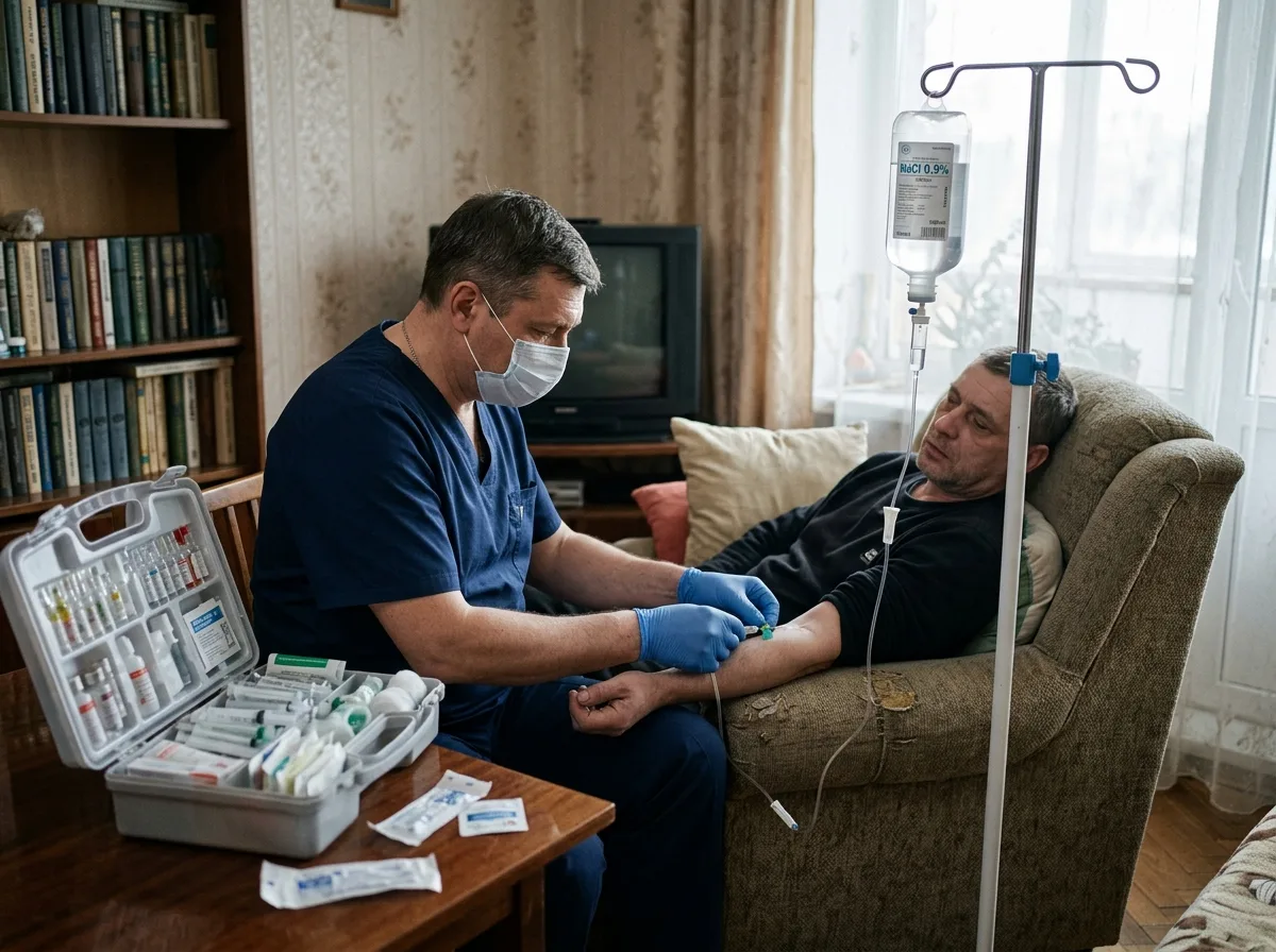 врач нарколог ставит капельницу пациенту дома, процедура вывода из запоя, медицинский чемодан на столе, домашняя обстановка