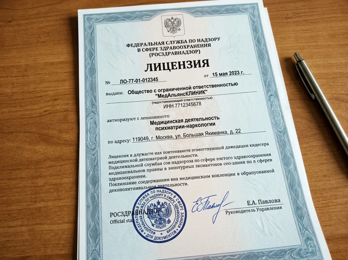 лицензия Росздравнадзора на медицинскую деятельность по психиатрии-наркологии, официальный документ с печатью и подписью